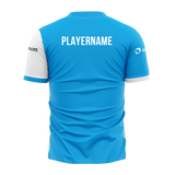 Blue sports jersey with 'PLAYERNAME' text on the back, on a white background