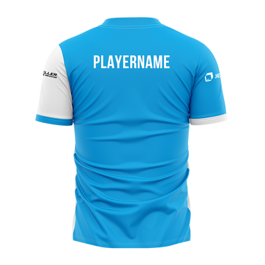 Blue sports jersey with 'PLAYERNAME' text on the back, on a white background
