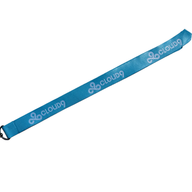 White and Blue Cloud9 Esports Lanyard layflat image with a claw clip 