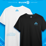 Two t-shirts, one white and one black, with a logo on a blue background with promotional text.